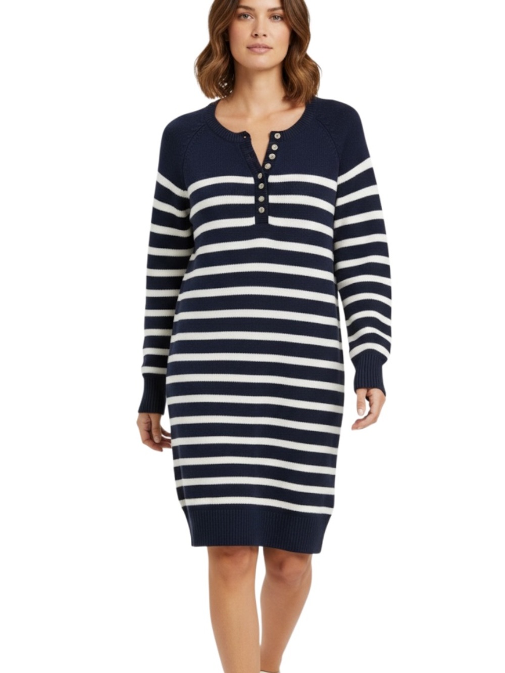 Sonoma Navy and White Striped Henley Sweater Dress